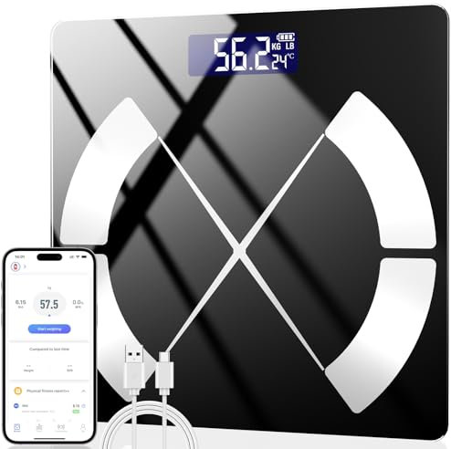 Onherm Körperfettwaage, Digitale Personenwaagen mit APP, Bluetooth Waage für Körperfett 180 kg, BMI, Gewicht, Muskelmasse, Wasser, Protein, Skelettmuskel, Knochengewicht, BMR