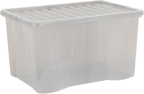 Wham Crystal Plastic Storage Boxes With Lids Home Office Stackable Nestable Container Box, 60L Easy fit Underbed Protective Storage Box, 60 x 40 x 33 cm - Tint Grey (Set of 5)