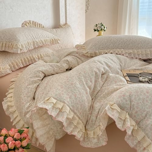 GETIYA Romantisch Blumen Bettwäsche 135x200 Baumwolle Doppelgarn Bettwäsche mit Rüschen Bettbezug Blümchen Muster Mädchen Damen Deckenbezug Baumwollgarn mit 1 Reißverschluss Kissenbezug 80x80