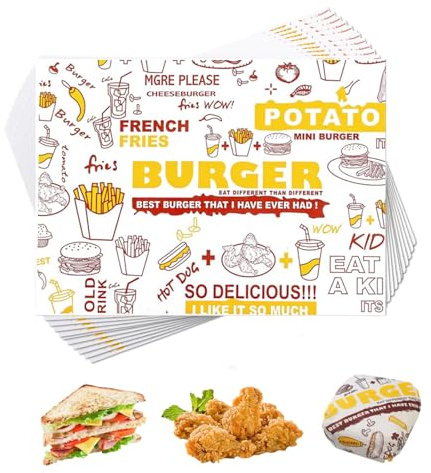 100 PCS Food Grade Wrap Paper,Greaseproof Papers Sheets,Waterproof Food Basket Liners Baking Paper,Sandwich Wax Paper Sheets Burger Papers for Deli Sandwich Cakes Cheese Gift (36 x 26cm)