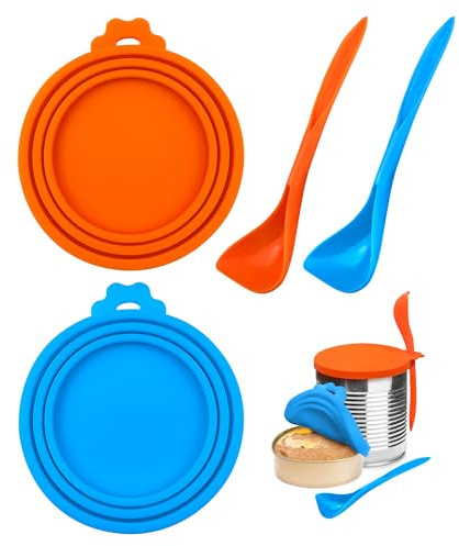 Dadnnil 2 Pack Silicone Pet Can Covers – Universal Can Lids for Dog & Cat Food, Airtight Seal, Dishwasher Safe, Includes Bonus Scoop (Orange, Blue)