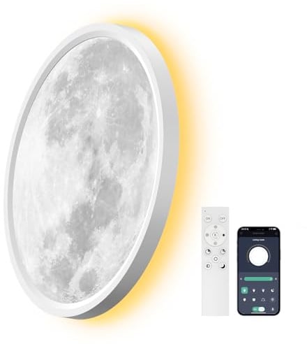 AIKVSXER Mond-LED-Deckenleuchte 33W Ø40cm, rund & flach, Mond-Design | 3000K–6500K, 3300 lm, stufenlose Helligkeit, App & Fernbedienung, Timer, Speicherfunktion, weiches Lichtbild für Zimmer