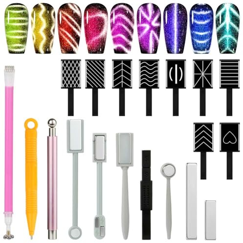 Vicloon Cat Eye Nail Magnet Tool, 19Pcs Nail Magnet Set, Double-Head Strong Magnets Nails Art Pen Tool, 3D Cats Eyes Magnets for Creating the Ideal Cat-eye Effect for Nails DIY Salons