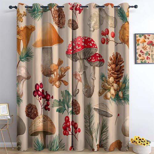 Beige Verdunkelungsvorhang-Set für Kinder Jungen und Mädchen, 3D-Druck Zeichentrickfilm Waldmotiv Pilze Tannenzapfen Vorhänge für Schlafzimmer Gardinen Blickdicht für Wohnzimmer 100 x 110 cm