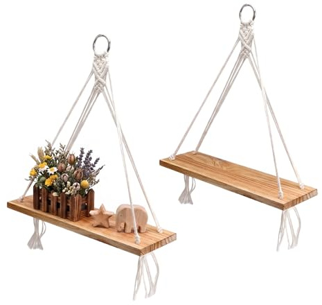 Generisch 2 Stück Makramee Wandregal, Hängeregal Holz Seil, Wandregal Holz Regal Boho Deko, mit Quasten Schweberegal Pflanzenregal, für Wohnzimmer Schlafzimmer Kinderzimmer Balkon, Schlafzimmer, Bad