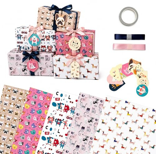 10 Blatt Geburtstag Geschenkpapier kinder,Cartoon Tier Geschenkpapier Rolle | Geschenkpapierrolle mit Dackel, Katze und Roboter,Bändern,Anhängern und Klebeband für Geburtstag, Urlaub, Party 50 x 70 cm