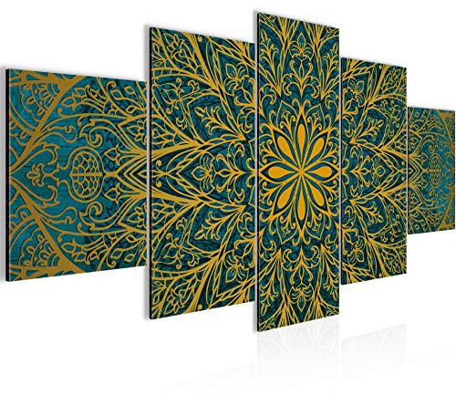 Runa Art Bild Wohnzimmer Schlafzimmer Mandala Abstrakt 5 Teilig Blau Türkis Gold Wandbilder auf Vlies Leinwand 107453b