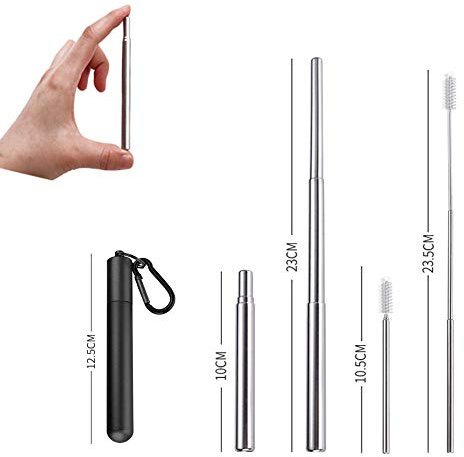 APIKA Pailles télescopiques réutilisables - Pailles à Boire Portables en Acier Inoxydable avec Brosse de Nettoyage, étui et Mousqueton(Noir)