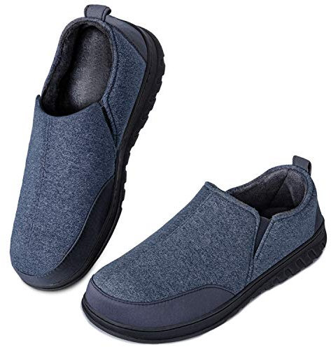 LongBay Men’s Cotton Jersey Memory Foam Slippers Breathable Comfy House Shoes with Non-Slip Indoor Outdoor Rubber Sole(12-13 UK,Blue)
