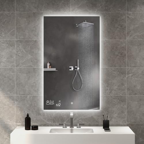 byecold LED Badspiegel Antibeschlag 60x80 cm, Beschlagfreier Badezimmerspiegel mit Touchschalter, Wandspiegel Lichtspiegel mit Datum, Smart Mirror & integrierter Wetterstation, Vertikal