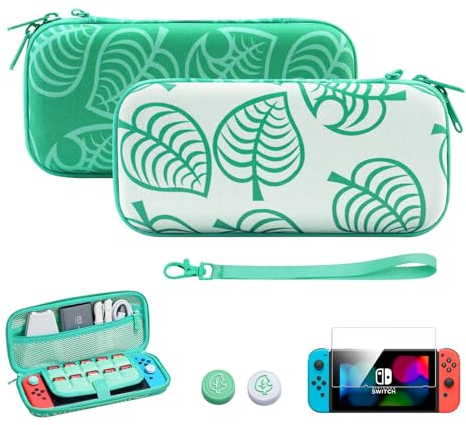 JINGDU Étui de transport pour Nintendo Switch, 4 en 1 avec 8 emplacements pour cartes de jeu pour commutateur de feuilles, protection d'écran, capuchons de touches et dragonne