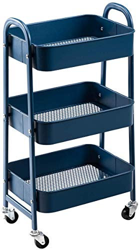 DOEWORKS Rollwagen Metall Aufbewahrungswagen Küchenwagen 3-Etagen, Servierwagen Organizer Wagen mit Rädern für Wohnzimmer Schlafzimmer Make-up Badezimmer Büro, Dunkelblau