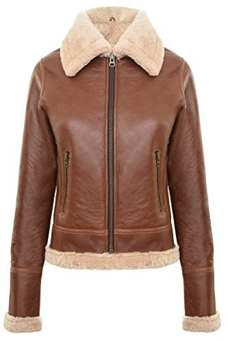 Damenjacke Echtleder Braun B3 Aviator Piloten Jacke Schaffell