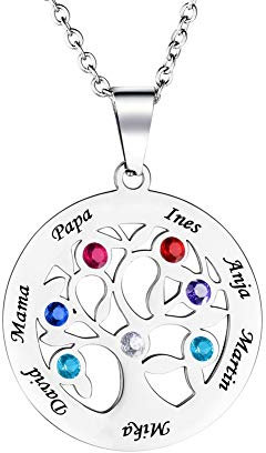 HOUSWEETY Collier Pendentif Gravure Personnalisé 2-7 Prénom Rond Arbre de Vie avec Acier Inoxydable Pendentif Pierres de Naissances Collier pour Femme