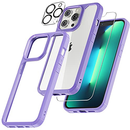 TAURI 3 in 1 Designed for iPhone 13 Pro Max Case Purple, [Not-Yellowing] and 2X Tempered Glass Screen Protector, [Military-Grade Drop Tested] Phone Case 6.7 inch