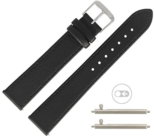 MARBURGER Uhrenarmband 20mm Leder Schwarz Silber Glatt Mit Naht - Montage Set 7592010000121