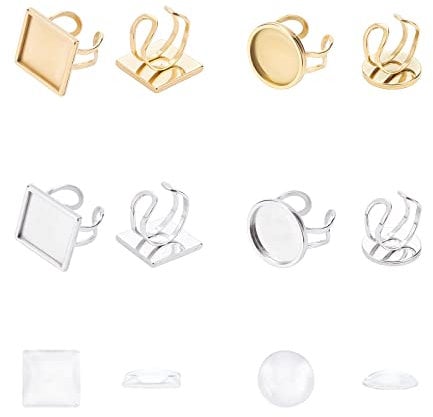 UNICRAFTALE 8 Set 2 Colori 304 in Acciaio Inox Cuff Pad Impostazioni Anello Piazza e Piatto Rotondo Vassoio Polsino Anelli Anelli in Acciaio Inox Lunetta con Cabochon in Vetro Trasparente