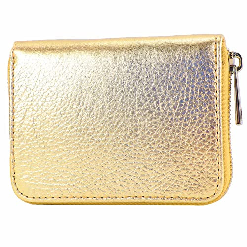 modamoda de P04 Portefeuille pour femme, en cuir véritable, court, style italien, Métal doré clair, Small