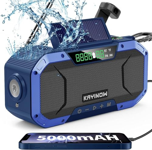 KAYINOW Solar Kurbelradio-Bluetooth Lautsprecher HandyLadefunktion, IPX5 wasserdichtes tragbare klein Kurbelradio, Notfall AM FM tragbar, 5000mAh Akku, Camping, Outdoor, Taschenlampe, SOS, Kompass