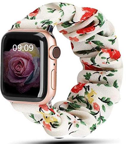Elastico Scrunchie Cinturino per Apple Watch 41mm 40mm 38mm per Donna,Morbido Nylon Cinturino Sportivo Cinturini in Tessuto Stampato per iWatch Ultra Series 8 7 6 SE 5 4 3,White red flower,S