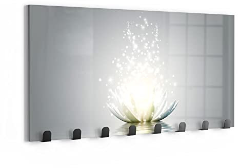 DEQORI Wandgarderobe Glas & Metall | Motiv Funkelnde Lotusblüte | 60x30 cm | Design Haken-Leiste modern | Garderoben-Paneel für Flur, Wohnzimmer & Schlafzimmer | magnetisch & beschreibbar