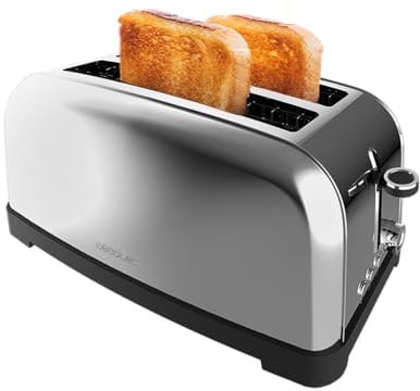 Cecotec Tostadora Vertical 2 Ranuras Largas Toastin' time 1500 Inox Lite. 1500W, 4 Tostadas, Ranura Ancha 3,8 cm, Potencia Regulable, Tostado Uniforme, Bandeja Recogemigas, Acabados Acero Inoxidable