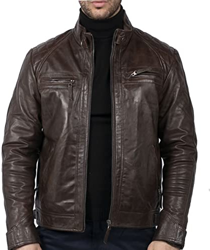 TruClothing Men's Biker Jacket Outwear Windproof Winter Motorcycle Rider Real Leather Jackets Coat Retro - Brown 3XL