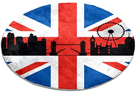 Tappeto rotondo per camera da letto, tappeto Shaggy morbido e lavabile, bandiera britannica con paesaggio urbano di Londra
