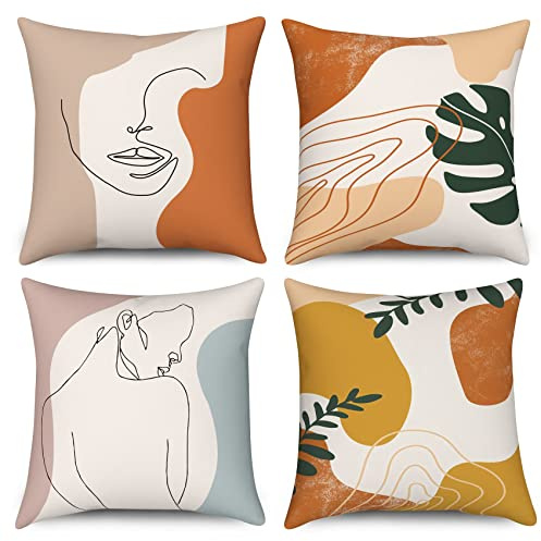 Boho Cushion Covers 50 x 50 cm Set of 4, Hnmdmyi Abstract Minimalist Woman Face Body Line Leaf Plant Decorative Throw Pillow Covers Modern Art Aesthetic Linen Pillowcases for Sofa Couch Bed Home Decor