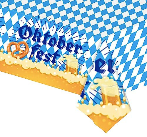POPOYU Oktoberfest Tischdecke,137x274cm Bayrische Deko Oktoberfest Party Tischdecke, Bayerische Oktoberfest Tischdeko Blau Weiß Einweg Tischdecke für Bierzelten Haushalt Catering Oktoberfest Deko