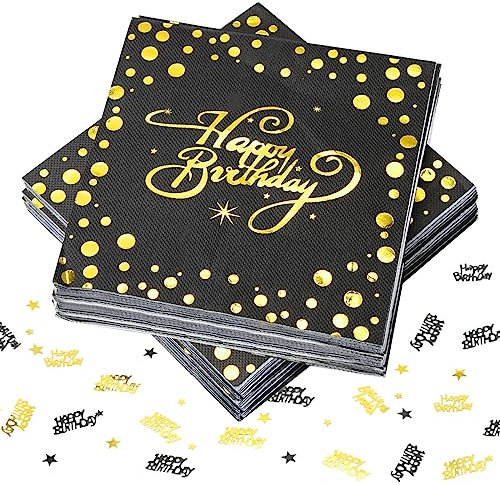 40 Stück Servietten Happy Birthday, Servietten Geburtstag Schwarz Gold, Schwarz Folierte Geburtstagsservietten, Schwarz Gold Deko Geburtstag, 33x33cm für Junge Mädchen Geburtstag Party Deko