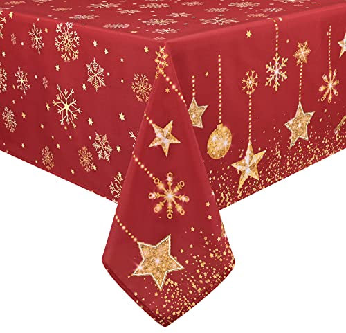 Yrendenge Weihnachts Tischdecke Rot Glänzend Schneeflocke Rentiere Sterne Tischdecke Abwaschbar Outdoor Tischdecke Rechteckig wasserdichte Winter Ferien Weihnachts Dekoration, Gold 140 x 240cm