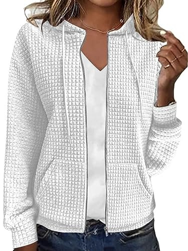 shownicer Damen Kapuzenjacke Kapuzenpullover Vintage Oversize Sweatjacke Sweatshirt College Stricken Jacke Übergangsjacke Zip Waffelmuster Hoodie Strick mit Kapuze