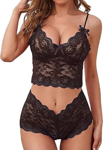 Satohom Women Babydoll Lingerie Sets, Chrismas 3 Piece Sexy Bow Lace Solid Underwear Set Adult Naughty Bra Briefs, Women Lace Teddy Nightwear Bedroom Erotic Outfits Female Pajama Set Black