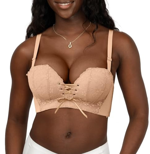 FallSweet Add Two Cups Lace Push Up Bra Ultra Padded Wireless Support Brassiere (Dark-Beige, 36A)