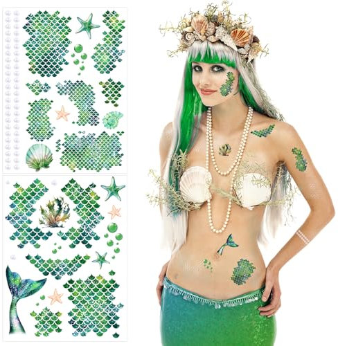 BOFUNX 2pcs Pegatinas Sirena Tatuajes Pegatinas Temporales Faciales con Temática de Sirena Pegatinas Temporales Cuerpo Tatuajes Diseño para Cara Brazo Fiesta Regalo Niños Adultos (C)