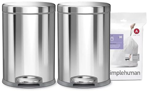 simplehuman Round Pedal Bin Bundle, 2 × 4.5L Compact Bathroom Bins + 30 Code A Custom Fit Liners, 150,000-Step Pedal, Lid Shox® Silent Close, Brushed Stainless Steel