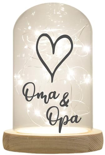 WB wohn trends LED-Glaskuppel, Oma & Opa Herz, 16,5x11cm, Glasglocke mit LED-Licht und Holz-Fuß LED-Laterne LED-Lampe mit Text Spruch