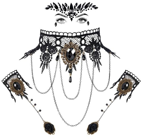 Johiux Karneval Gothic Schmuck Glitzersteine Gesicht Steampunk Damen,4 Stück Gothic Schmuck Set Halskette Armbänder Schmuck Spitze Kette Damen Gotisch Choker Zubehör Vampir-Sklaven-Armband Halloween.
