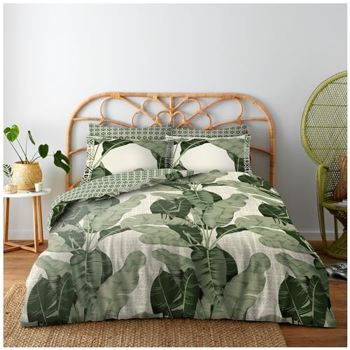GC GAVENO CAVAILIA Tropical Leaves Double Duvet Cover Set, Multi | With Matching Pillowcases, Reversible Geometric Printed, Super Soft 100% Polycotton, 2 in 1 Botanical Quilt Cover
