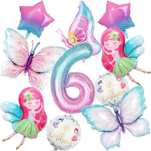 Feen Geburtstag Deko Luftballons Mädchen - Rosa Geburtstagsdeko 6 Jahre, 10 Stück Fee Folienballons Schmetterlings und Stern Helium Ballons, Feenparty Dekoration Kindergeburtstag