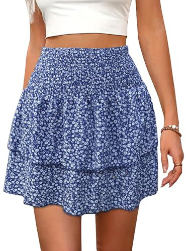 XFSRG Rock Damen Sommer Boho Blumen Rüschen kurz Rock Elastische Hohe Taille Kordelzug Falten Minirock Sommerrock Strand Blumen Rock Geeignet für Sommer und Alltag(S)
