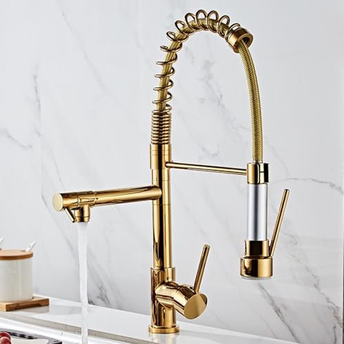 BiaoTeng Küchenarmatur mit Brause Spiralfeder Einhandmischer Warm und Kalt 360 Drehbar Spültischarmatur Küche Wasserhahn Küche Spiral Gold