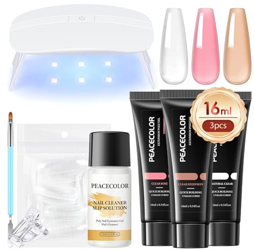 PEACECOLOR Set Unghie Gel Ricostruzione 16ml, 3 Colori Gel Ricostruzione Unghie Poly Unghia Gel con UV/LED Lampada + Slip Solution, Kit Ricostruzione Unghie per Principianti al Fai Da Te a Casa