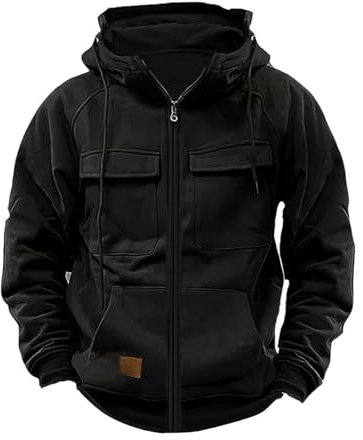 YCBMINGCAN Cargo Jacke Fall Hoodie Herren Einfarbig Langarm Sweatjacke Mit Reißverschluss Kapuzenpullover Loose Fit Tops Herren Zip Up Hoodies Männer Leicht Kapuzenjacke Outdoor (Black #1, XXXL)