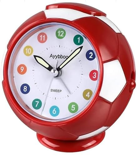 Edillas Wecker Kinder Jungen Mädchen,Fußball Wecker Analog Geräuschlos Ohne Ticken mit Licht Schlummerfunktion für Kinder Schlafzimmer Nachttisch Tisch Aufwachenuhr (Dunkelrot)