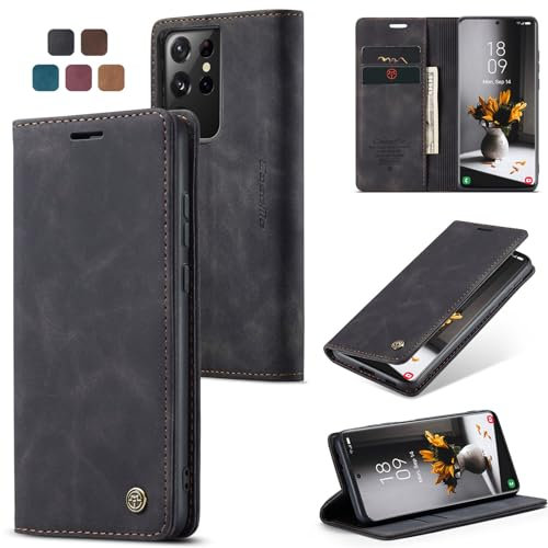 owlhold Hülle Samsung Galaxy S21 Ultra Handyhülle Premium Lederhülle Weiches Vintage-Nubukleder Faltbare Ständer Schutzhülle Kartenfach Standfunktion klapphülle Samsung Galaxy S21 Ultra 5G -Schwarz