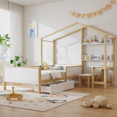 Merax Kinderbett 90x200cm, Hausbett mit Schubladen, Regalen, Tisch, Hocker, Multifunktional Einzelbett mit Schutzplatte & Lattenroste, L-Struktur, Jugendbett, Kinderzimmermöbel, Kiefer+MDF, Weiß+Natur