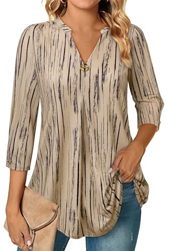 Blusenshirt Damen 3/4 Arm Bluse für Damen Elegante Kleidung für Frauen Arbeit Große Größen Festlich Mode Frühling Bluse A-Linie Damen Curvy Bluse Dreiviertelarm Damen Freizeitbluse Beige XXXL