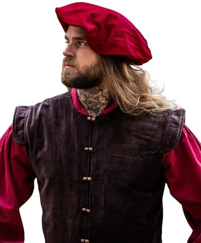 Leonardo Carbone® Herren Kopfbedeckung Samt-Barett Kurt | Integriertes Band | Raffungen Hinten | Karneval, Halloween, Cosplay, LARP, Mittelalter, Barett, Hut, Baumwolle | 100% Baumwolle Rot L